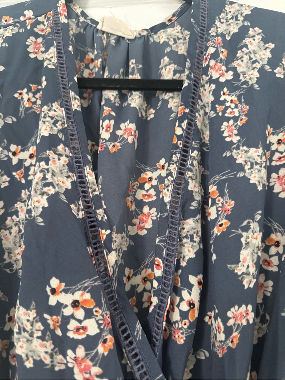 Blue Floral Wrap Dress with Lace Trim